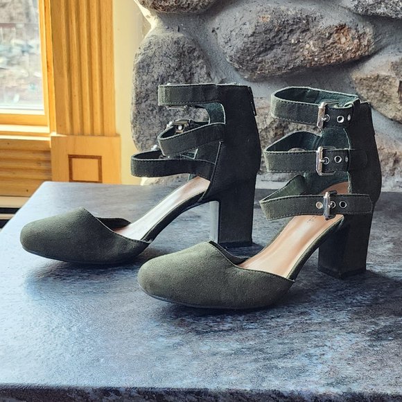 Indigo RD. Green Faux Suede Back Zip Buckle Ankle Three Strap Block Heels 5.5M - Picture 7 of 16